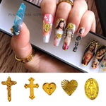 Cherub Nails Jesus Heart Cross Shape 3D Metal Nail Art Alloy Charms Gold Plated Salon Tips Manicure Decoration