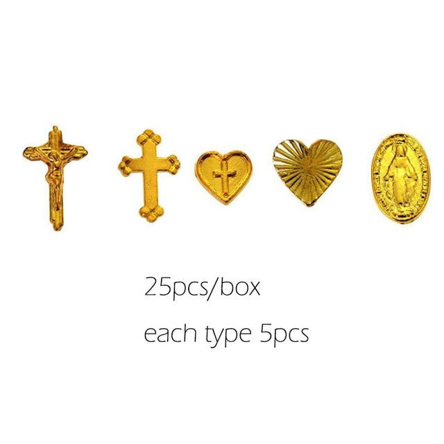 Cherub Nails Jesus Heart Cross Shape 3D Metal Nail Art Alloy Charms Gold Plated Salon Tips Manicure Decoration