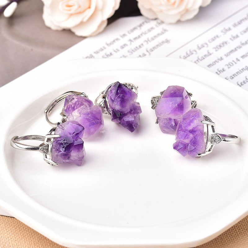 Natural Amethyst Cluster Ring Mineral Jewelry Ornaments Wedding Gifts Gemstone Souvenir Healing Meditation Decoration Adjustable