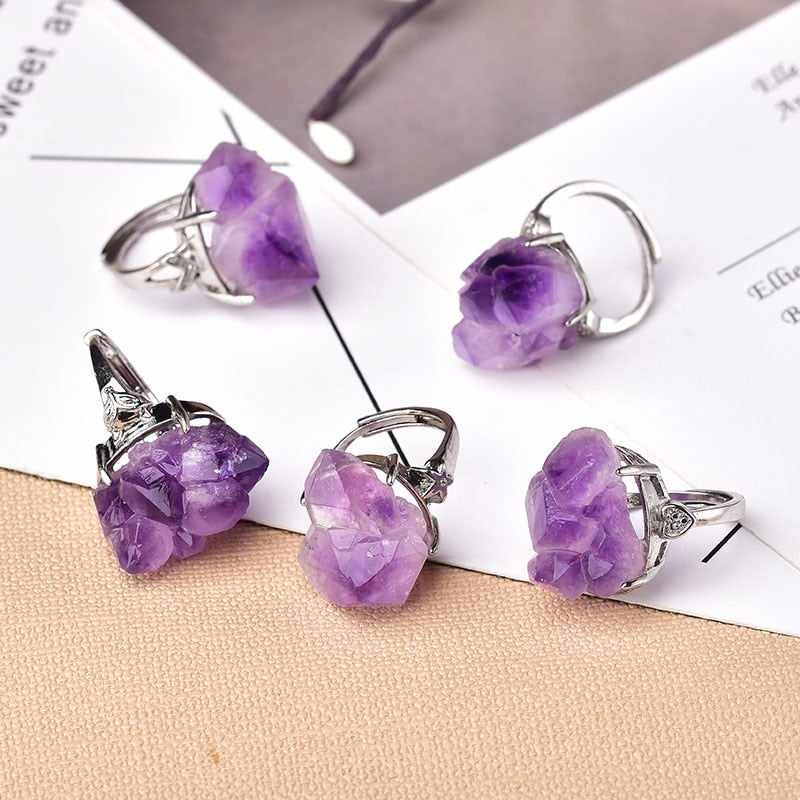 Natural Amethyst Cluster Ring Mineral Jewelry Ornaments Wedding Gifts Gemstone Souvenir Healing Meditation Decoration Adjustable