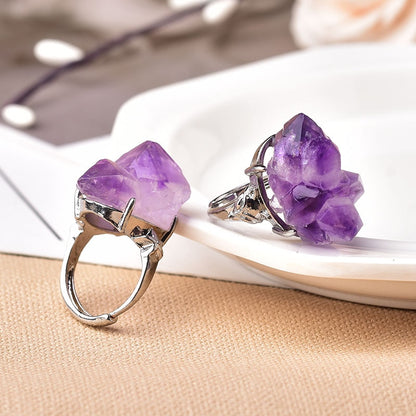 Natural Amethyst Cluster Ring Mineral Jewelry Ornaments Wedding Gifts Gemstone Souvenir Healing Meditation Decoration Adjustable