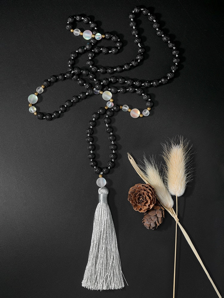 OAIITE 108 Lava Mala Beads Necklace Natural Stone Meditation Statement Necklace Yoga Rosary Prayer Charm Beaded Tassel Necklace