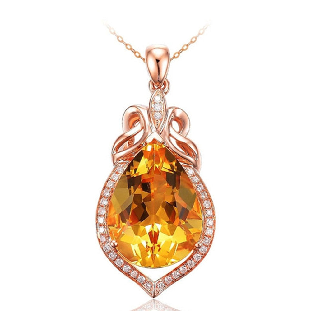 Citrine gemstones yellow crystal pendant necklaces for women18k rose gold color choker chain diamond luxury jewelry bijoux gift