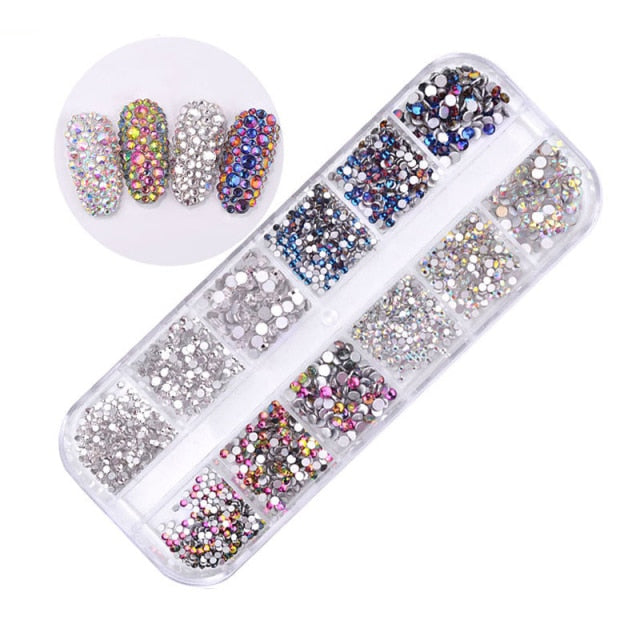 12 Grids/set Flat-back AB Crystal Nail Rhinestones 3D Glitter Diamond Nail Art Decorations Gems Stones for Manicure Design