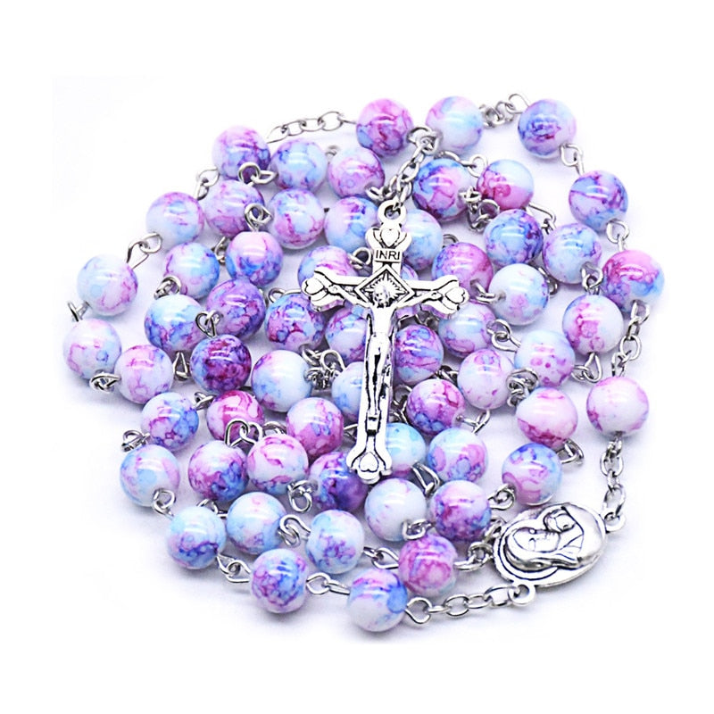 Handmade Rosary Necklace Cross Pendant Christian Catholic Virgin Glass Chains Beads Jewelry
