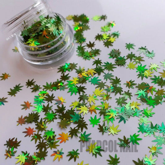 Weed Leaf Glitter Nail Art Holographic Green  Leaves 3D Shape Salon Manicure Decoration