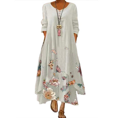 2021 Elegant Flowers Print Long Sleeve Spring Summer Dresses Casual O Neck Loose Women Dress Vintage Party Vestidos Long Dresses