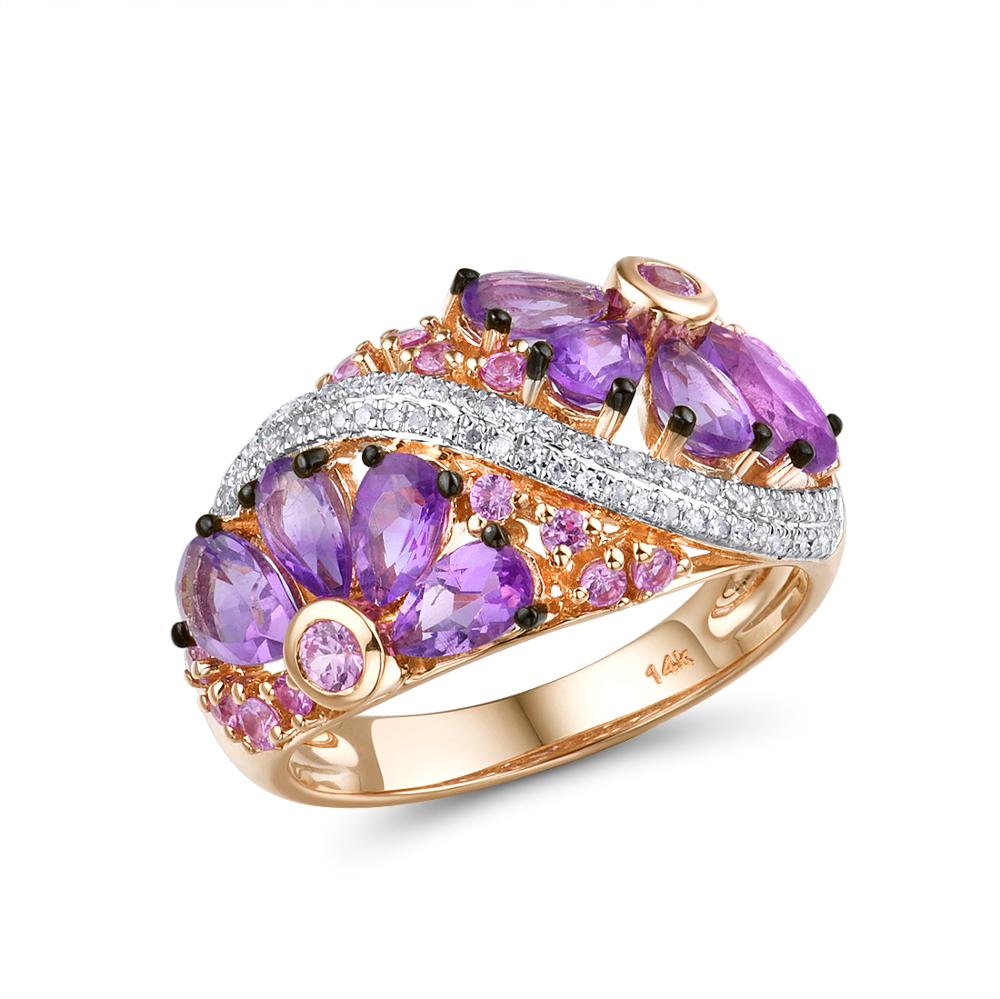 VISTOSO Genuine 14K Rose Gold Ring For Women Shimmering Diamond Fancy Pink Sapphire Amethyst Fantastic Wedding Band Fine Jewelry