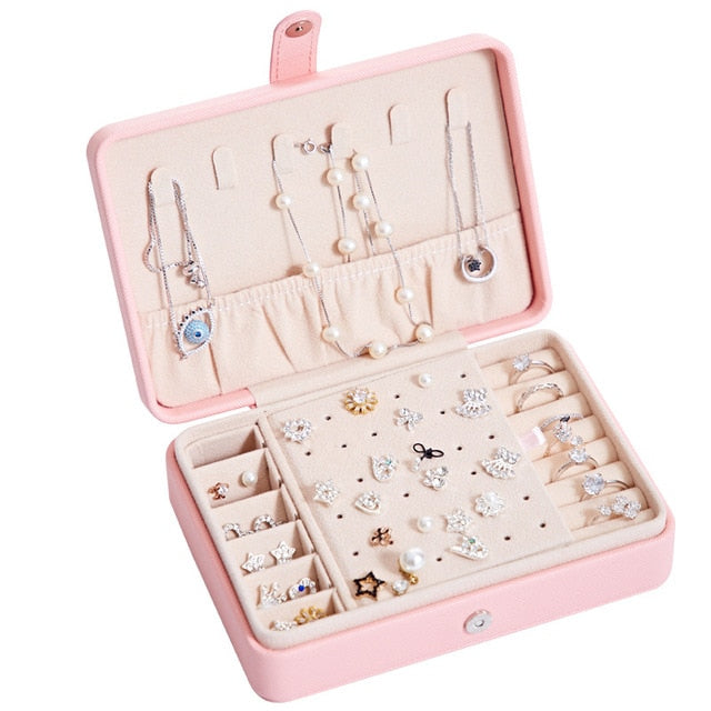 2021 Double-Layer Velvet Multifunctional Jewelry Organizer Box PU Leather Portable Rings Earrings Necklace Display Jewelry Box