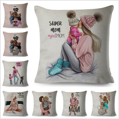 Fashion Cute Cartoon Super Mama Cushion Cover 45x45cm Decorative Mom and Baby Pillow Case for Sofa Home Super Daddy Pillowcase