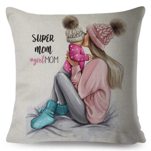 Fashion Cute Cartoon Super Mama Cushion Cover 45x45cm Decorative Mom and Baby Pillow Case for Sofa Home Super Daddy Pillowcase