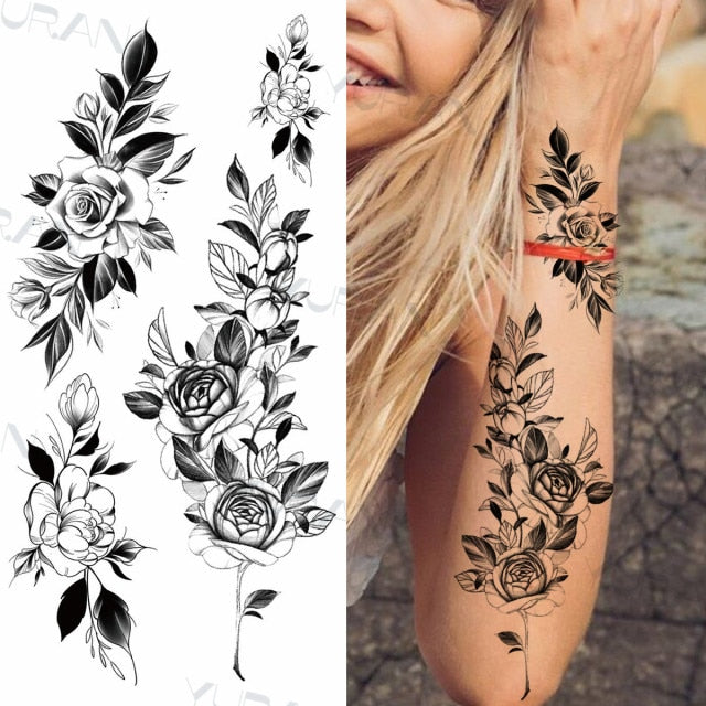 Black Large Snake Flower Fake Tattoo Sticker For Women Dot Rose Peony Temporary Tattoos DIY Water Transfer Tatoos Girls