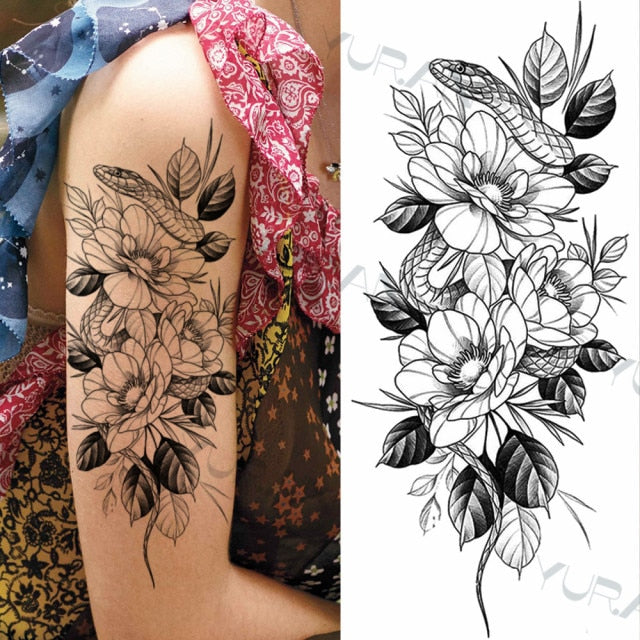 Black Large Snake Flower Fake Tattoo Sticker For Women Dot Rose Peony Temporary Tattoos DIY Water Transfer Tatoos Girls