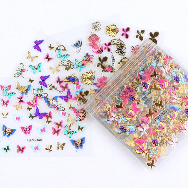 30pcs/set 3D Butterfly Gold Nail Sticker Set Mixed Design Nail Art Paper Flower Letter Decal Slider Wraps Nail Decor Manicure