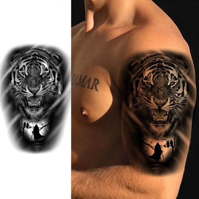 Big Black Tiger Tattoos Fake Men Wolf Leopard Tatoos Waterproof Large Beast Monster Body Arm Legs Tattoos Temporary Paper Cover