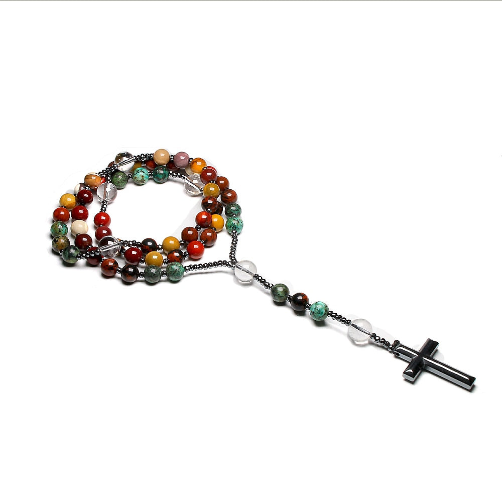 Natural Quartz Mookaite Beads Catholic Christ Rosary Necklaces Hematite Cross Pendant Necklace For Women Men Meditation Mala