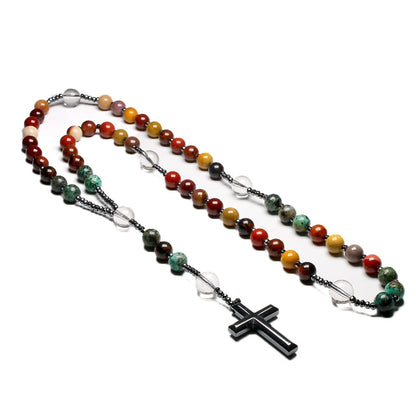 Natural Quartz Mookaite Beads Catholic Christ Rosary Necklaces Hematite Cross Pendant Necklace For Women Men Meditation Mala