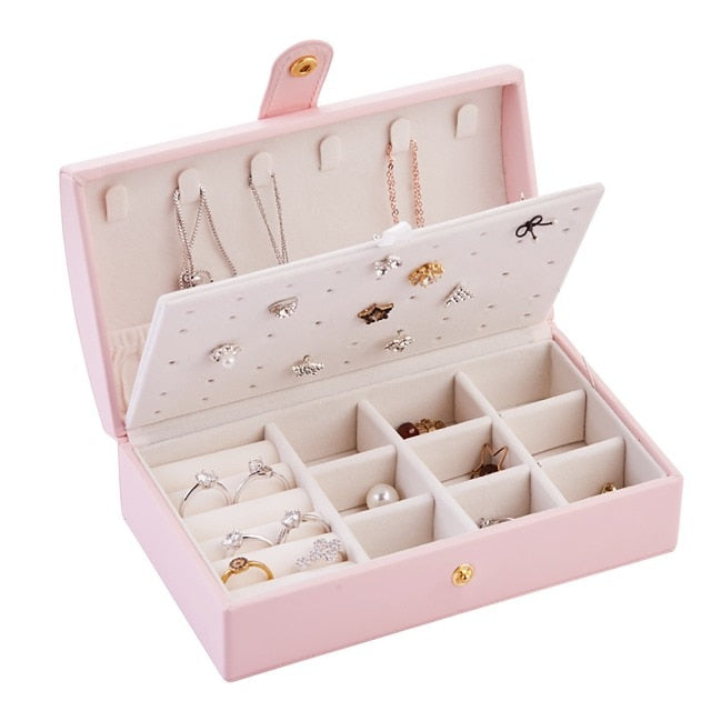 2021 Double-Layer Velvet Multifunctional Jewelry Organizer Box PU Leather Portable Rings Earrings Necklace Display Jewelry Box