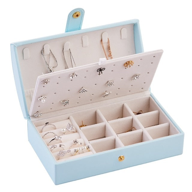 2021 Double-Layer Velvet Multifunctional Jewelry Organizer Box PU Leather Portable Rings Earrings Necklace Display Jewelry Box