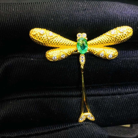 dragonfly Emerald brooch pins Pendant Free shipping  gemstone Natural real emerald 925 sterling silver