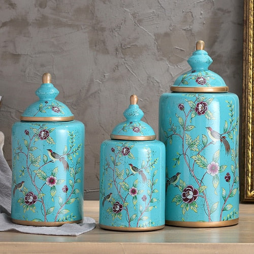 Vintage European Flower and Bird Ceramic Storage Jar Vase Decoration Porcelain Art Crafts Tea Coffee Beans Candy Storage Jar New