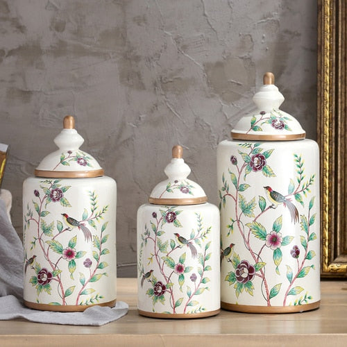 Vintage European Flower and Bird Ceramic Storage Jar Vase Decoration Porcelain Art Crafts Tea Coffee Beans Candy Storage Jar New
