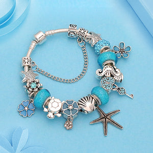 Ocean Animal Holiday Beach Charm Bracelet Blue Flower Key Crystal Bead Bracelets & Bangles Tibetan Silver Jewelry Diy Making