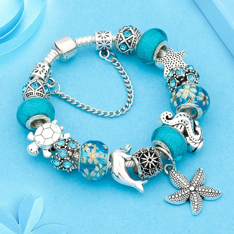 Ocean Series Blue Crystal Bracelet with Charms Antique Tibetan Silver Seahorse Starfish Bead Bracelet for Summer Holiday Gift