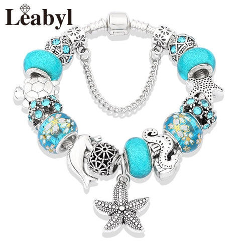 Ocean Series Blue Crystal Bracelet with Charms Antique Tibetan Silver Seahorse Starfish Bead Bracelet for Summer Holiday Gift