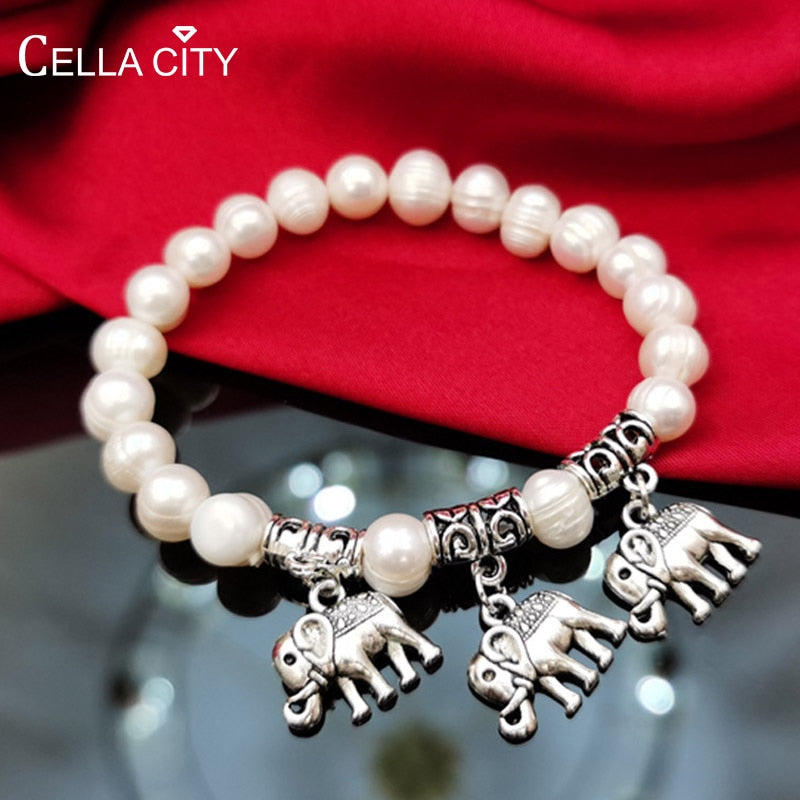 Cellacity Ethnic style Silver 925 Jewelry Freshwater Pearl Pearl Bracelet for Women Elephant Thai silver Natural Thailand style