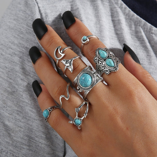 8 Pcs Silver Color Rings Set Star Flower Moon Crown Stone Punk Ring Carved Knuckle Anillos Anel Rings Women Jewelry Gift 2020