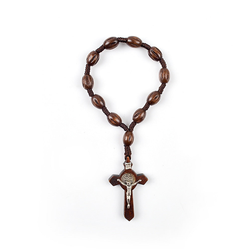 KOMi Religious Catholic Brown Wooden Beaded Jesus Cross Pendant Bracelets Men Women Rosary Beads Bangles Jewelry Armband R-310