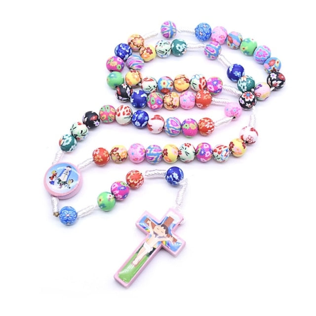 QIGO Colorful Polymer Clay Rosary Necklace Handmade Children Catholic Cross Prayer Beads