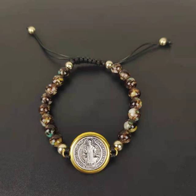 Saint Benedict Medal Cross Charm 5 Colors Religious Handmade Weave Bracelets Catholic Christian Rosary Bead Bracelet Jewelry