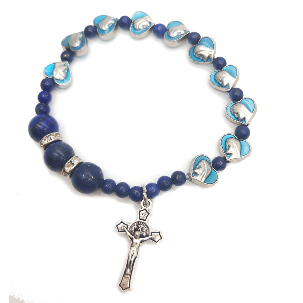 Catholic Religious lapis lazuli Stone Heart Beads Bracelets &catenary Christ Jesus Orthodox Cross Pendant Rosary Bracelets Gift