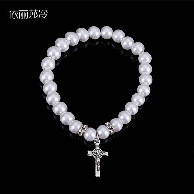 New Catholic Pearl Rosary Cross Bracelet, Jesus Christ Cartoon Angel Beaded Crystal Pearl Bracelet Ladies Jewelry Gift
