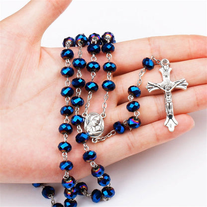 High Grade Hematite Stone Rosary Beads Necklace With Jesus Cross Long Blue glass crystal Pendant Charms Prayer Catholic Jewelry