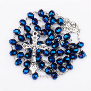 High Grade Hematite Stone Rosary Beads Necklace With Jesus Cross Long Blue glass crystal Pendant Charms Prayer Catholic Jewelry