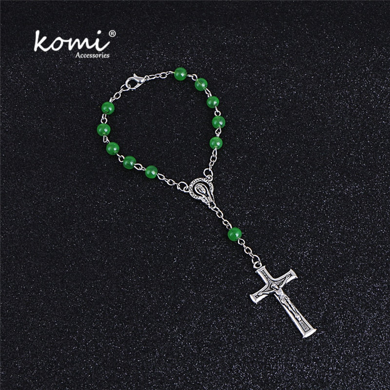 Komi Catholic Religious 6mm Green Stone Beaded Cross Bracelets Bangles Ladies Brief Rosary Beads Wristband Hand Chain for Women