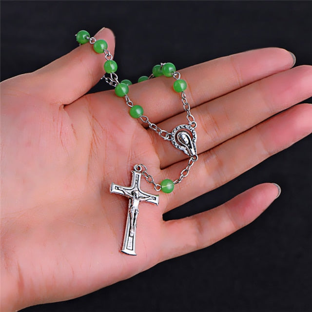 Komi Catholic Religious 6mm Green Stone Beaded Cross Bracelets Bangles Ladies Brief Rosary Beads Wristband Hand Chain for Women