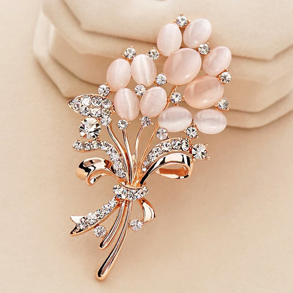 Fashionable Opal Stone Flower Brooch Pin Garment Accessories Birthday Gift Brooches For Women Rhinestone Brooch Pin