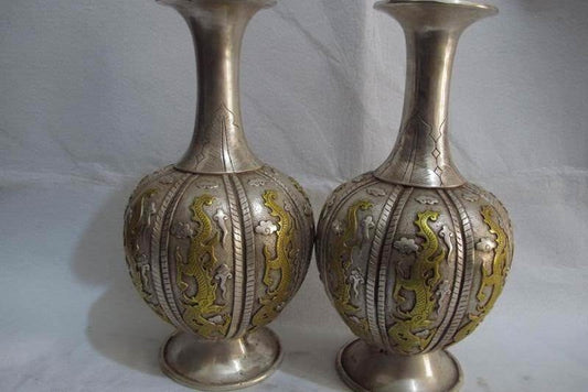 12 Chinese White Copper Silver Gild Lucky Feng Shui Six Dragon Jar Pot Vase Pair