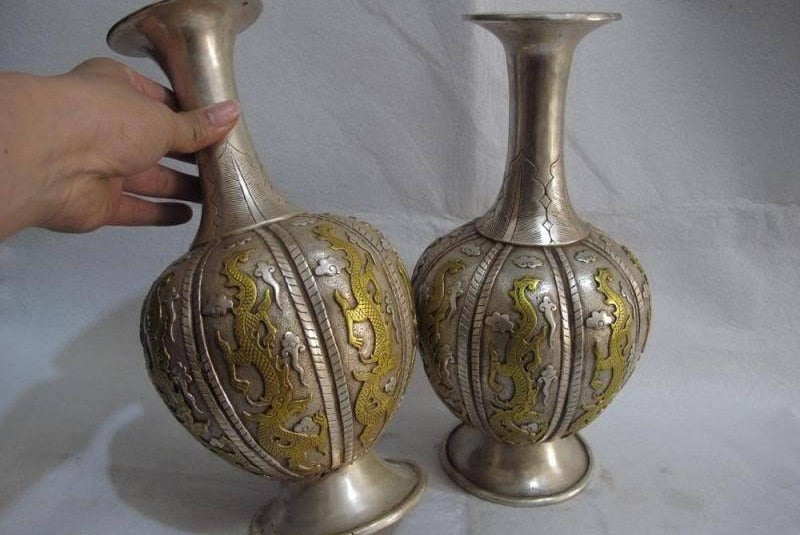 12 Chinese White Copper Silver Gild Lucky Feng Shui Six Dragon Jar Pot Vase Pair