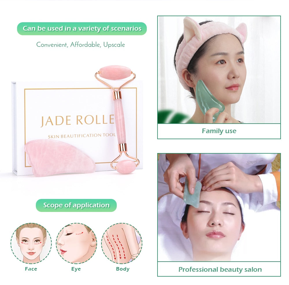 Natural Rose Quartz Roller Facial Jade Roller Stone Gua sha Scraper Face Lifting Massage Skin Eye Body Massager Beauty Care Tool