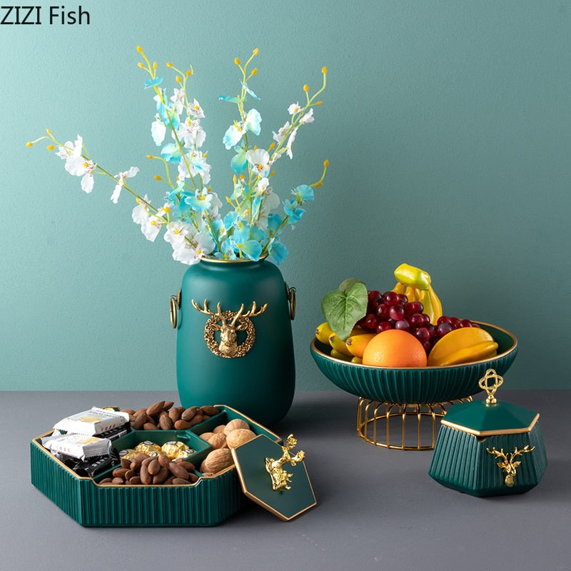 Modern Dark Green Deer Head Tissue Box Storage Box Candy Fruit Tray Flower Vase Resin Ceramic Exquisite Crafts Luxury Home Decor
