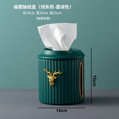 Modern Dark Green Deer Head Tissue Box Storage Box Candy Fruit Tray Flower Vase Resin Ceramic Exquisite Crafts Luxury Home Decor