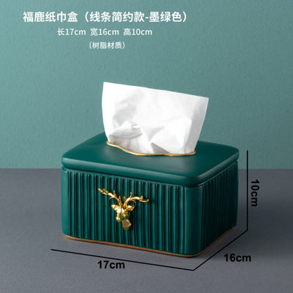 Modern Dark Green Deer Head Tissue Box Storage Box Candy Fruit Tray Flower Vase Resin Ceramic Exquisite Crafts Luxury Home Decor