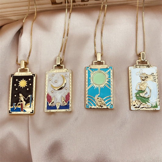 Vintage Colorful Tarot Cards Necklaces For Women Man Gold Tarot Painting Necklace Sun and Moon Pendant Creative Jewelry Gifts