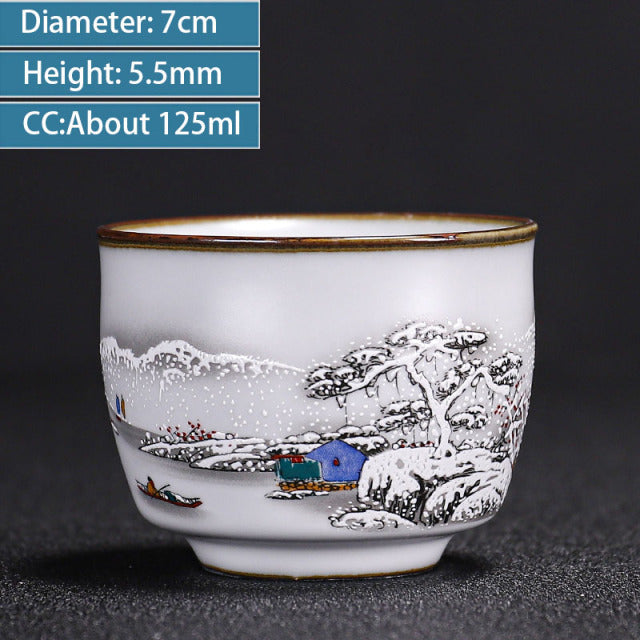 Chinese Ru Kiln Ceramics Teacup Exquisite Hand-painted Pattern Single Cup Tea Bowl Master Cups Individual Cup Handmade Teaware