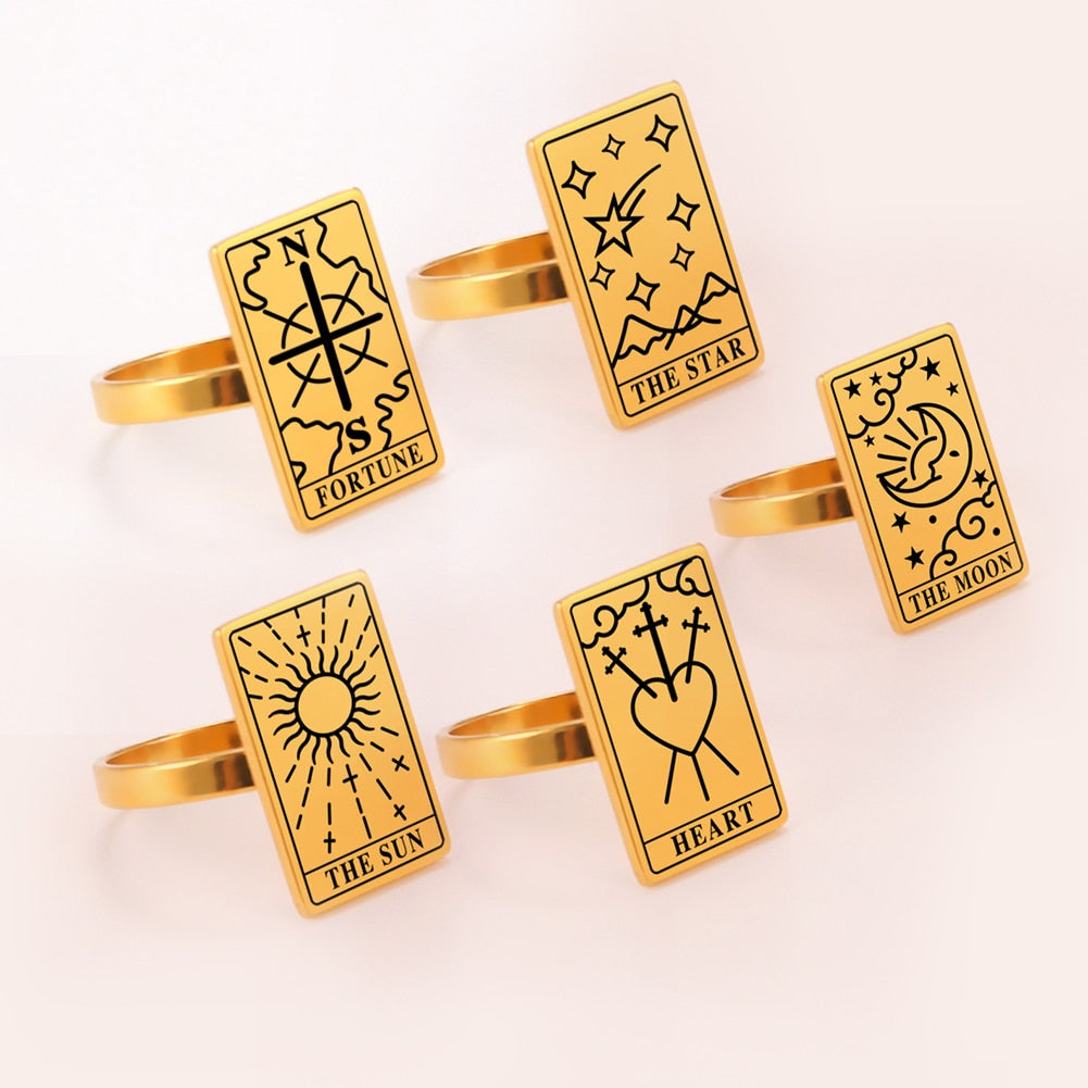 Fashion Tarot Cards Rings for Women Men The Moon Sun Star Tarot Jewelry Accessories Esotericism Stainless Steel Gift New Trendy